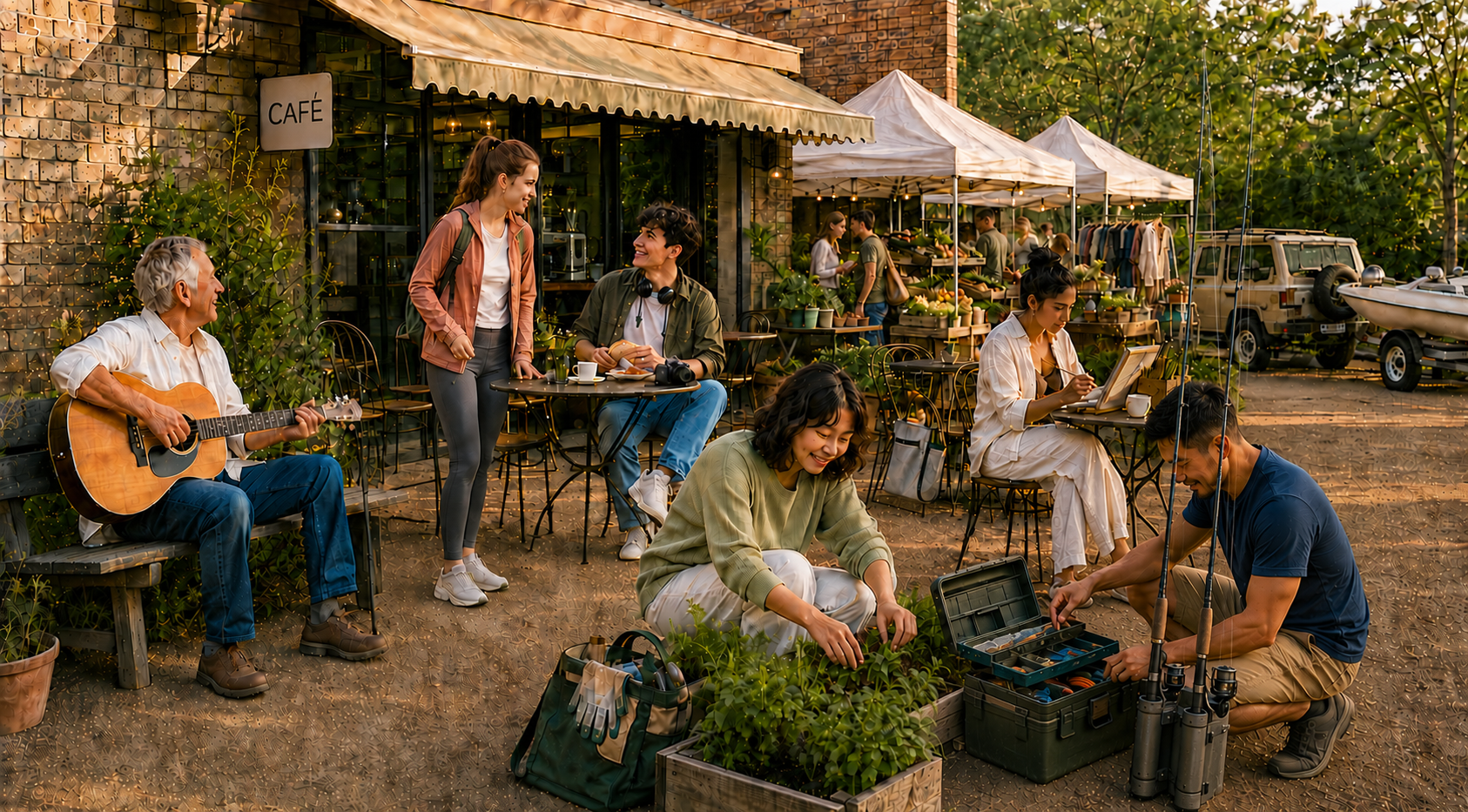 Neighbours chatting at a café and market, playing guitar, gardening, sketching and preparing fishing gear, with a four-wheel drive and boat nearby
